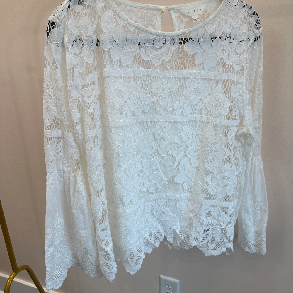 ADIVA WOMEN'S OPEN LACE BELL SLEEVE TOP WITH SHELL WHITE SZ L